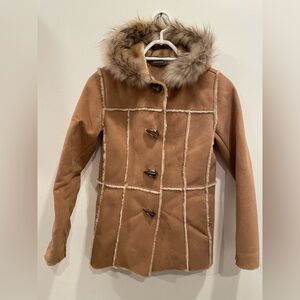 Andrew Marc Girls Medium Faux Fur Hooded Tan Toggle Coat size large